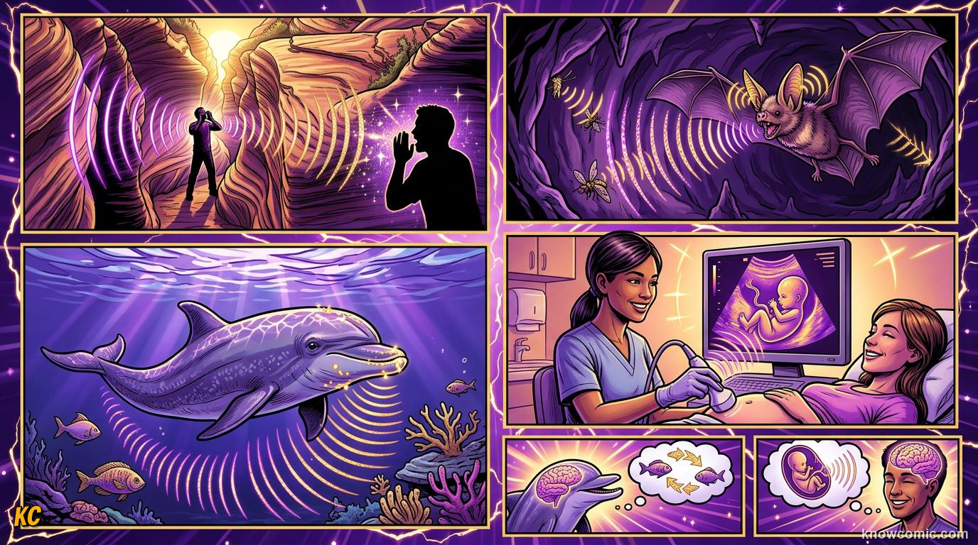 Comic illustration: full echo journey from shout to bounce to delay to hearing again with real-world uses