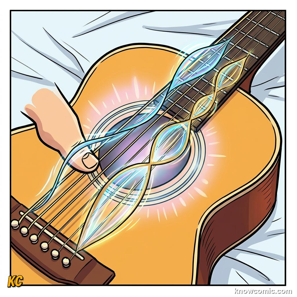 Comic illustration: a short stiff string vibrating quickly at high frequency