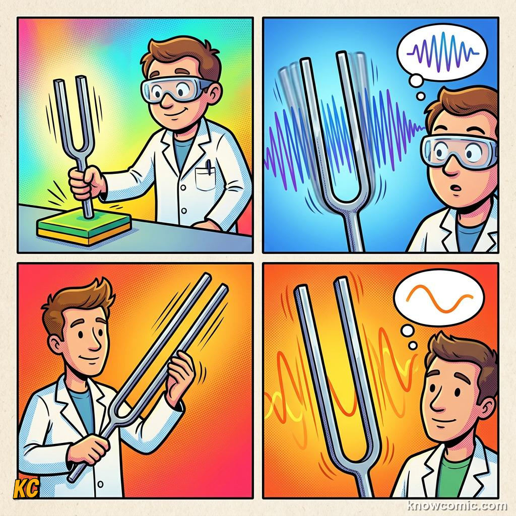 Comic illustration: wood metal and glass objects with different natural frequencies