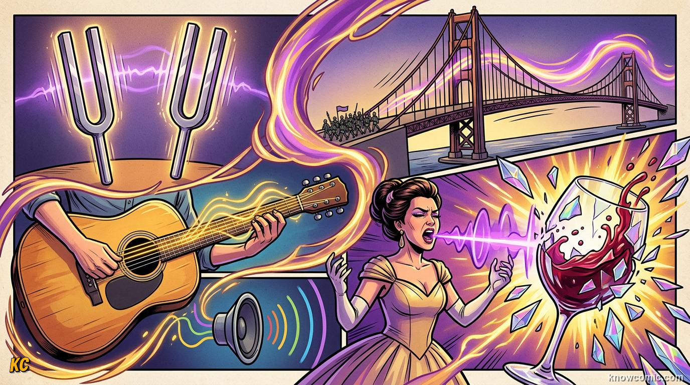 Comic illustration: full resonance journey from natural frequency to match to amplify to real-world power