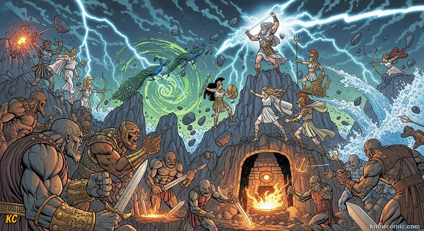 Titans and Olympians clashing in the great Titanomachy war