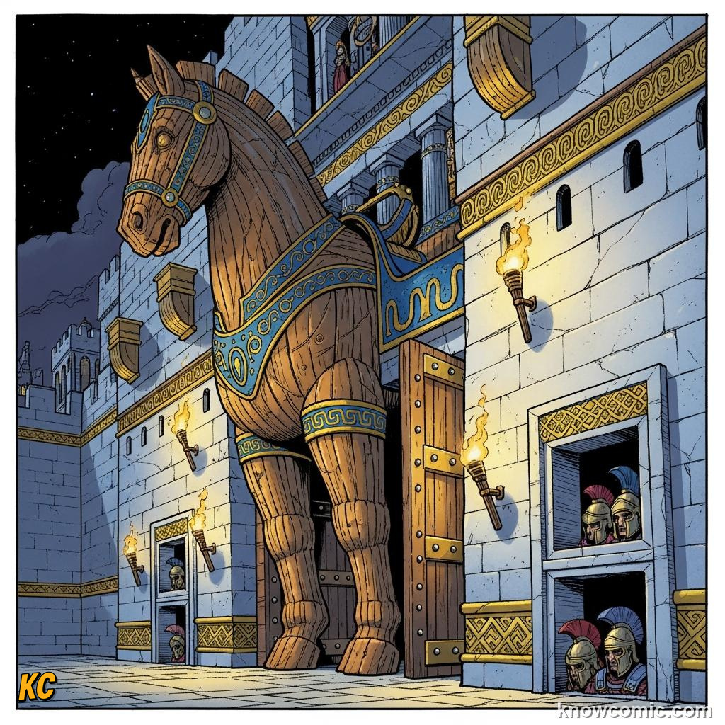Greek soldiers hidden inside the giant wooden horse