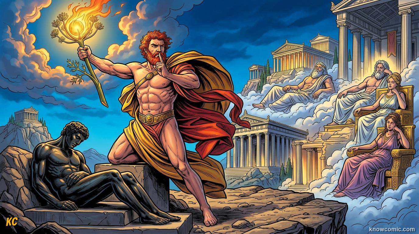 Comic panel about prometheus: fire stolen from the gods: Friend Of Humans, educational kids illustration