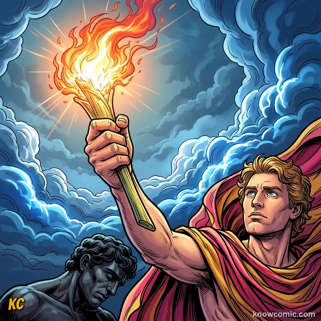 Comic panel about prometheus: fire stolen from the gods: Prometheus Takes A Risk, Titan, educational kids illustration