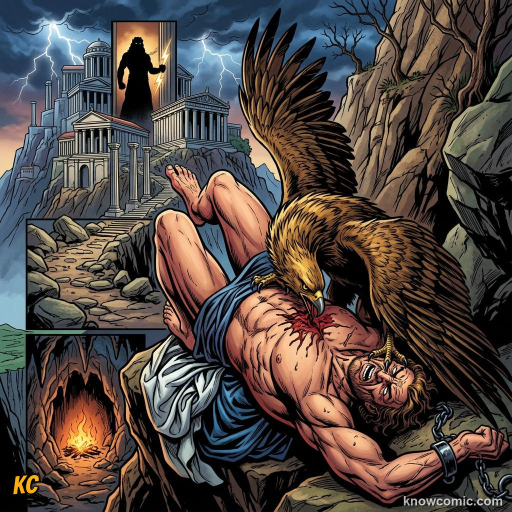 Comic panel about prometheus: fire stolen from the gods: Need, educational kids illustration