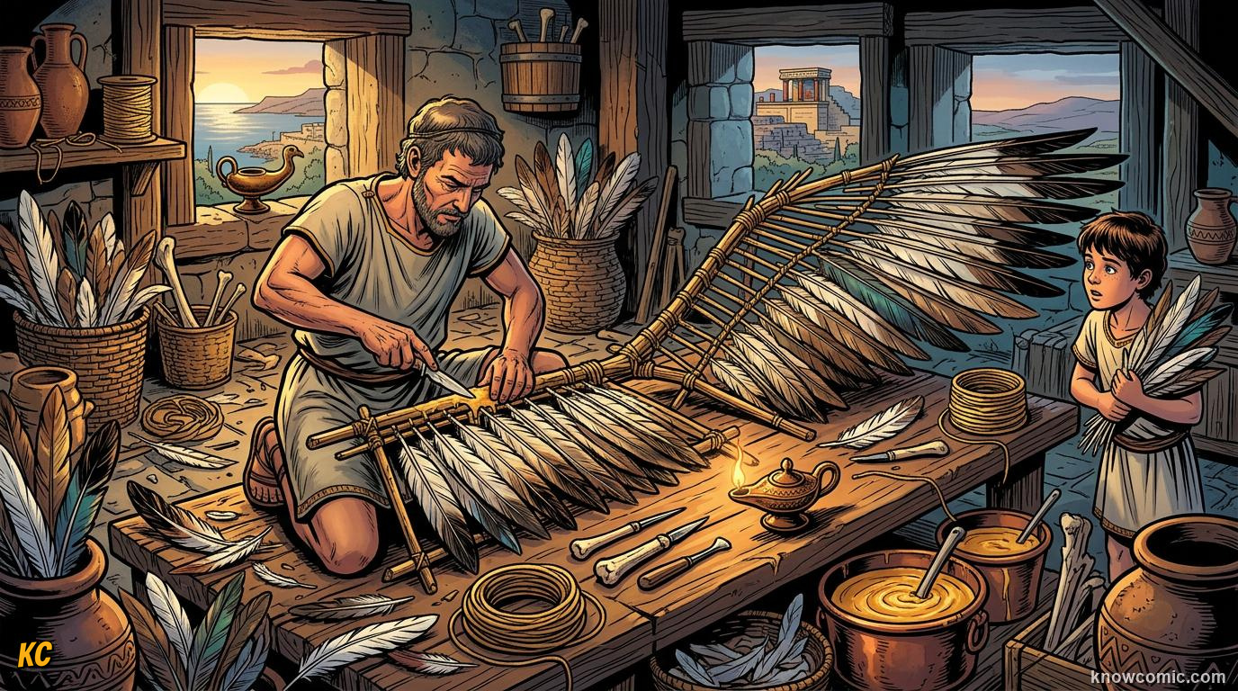 Comic panel about icarus: flying too close to the sun: After The Labyrinth, educational kids illustration