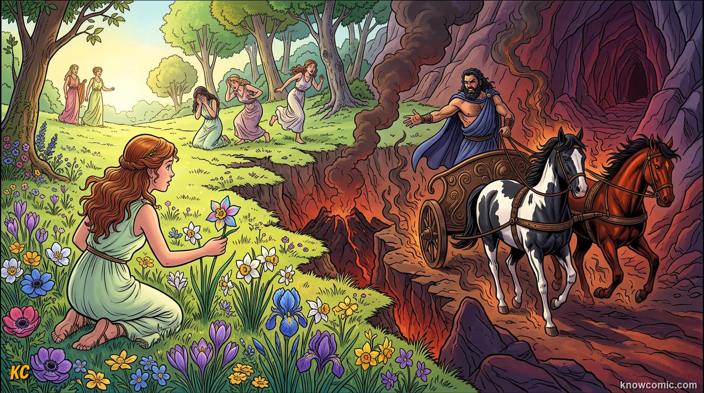 Comic panel about persephone: why we have seasons: Daughter Of Harvest, educational kids illustration