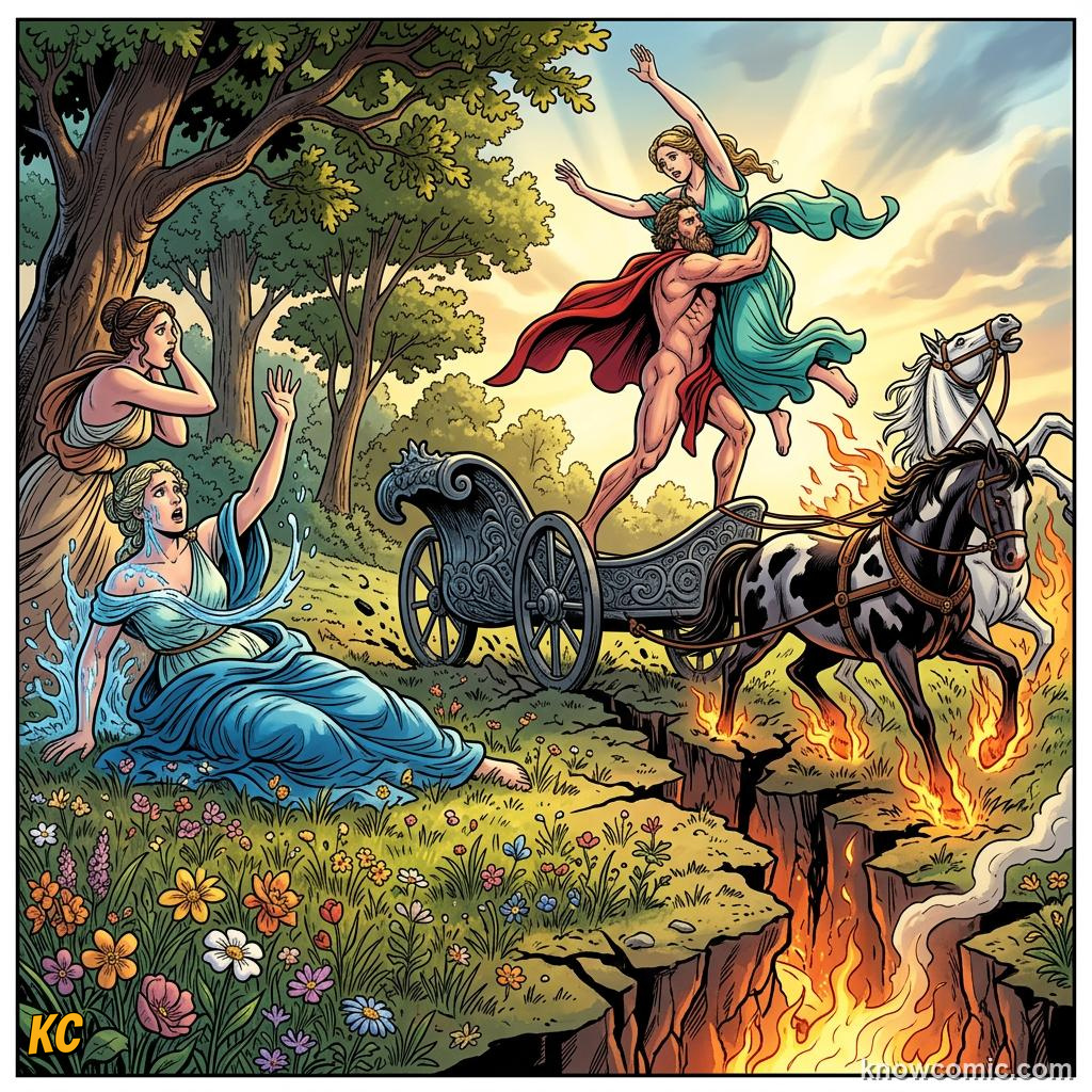 Comic panel about persephone: why we have seasons: Persephone In The Light, Demeter, educational kids illustration