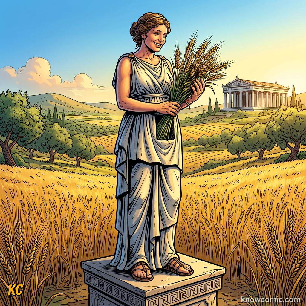 Comic panel about persephone: why we have seasons: Meadow, educational kids illustration
