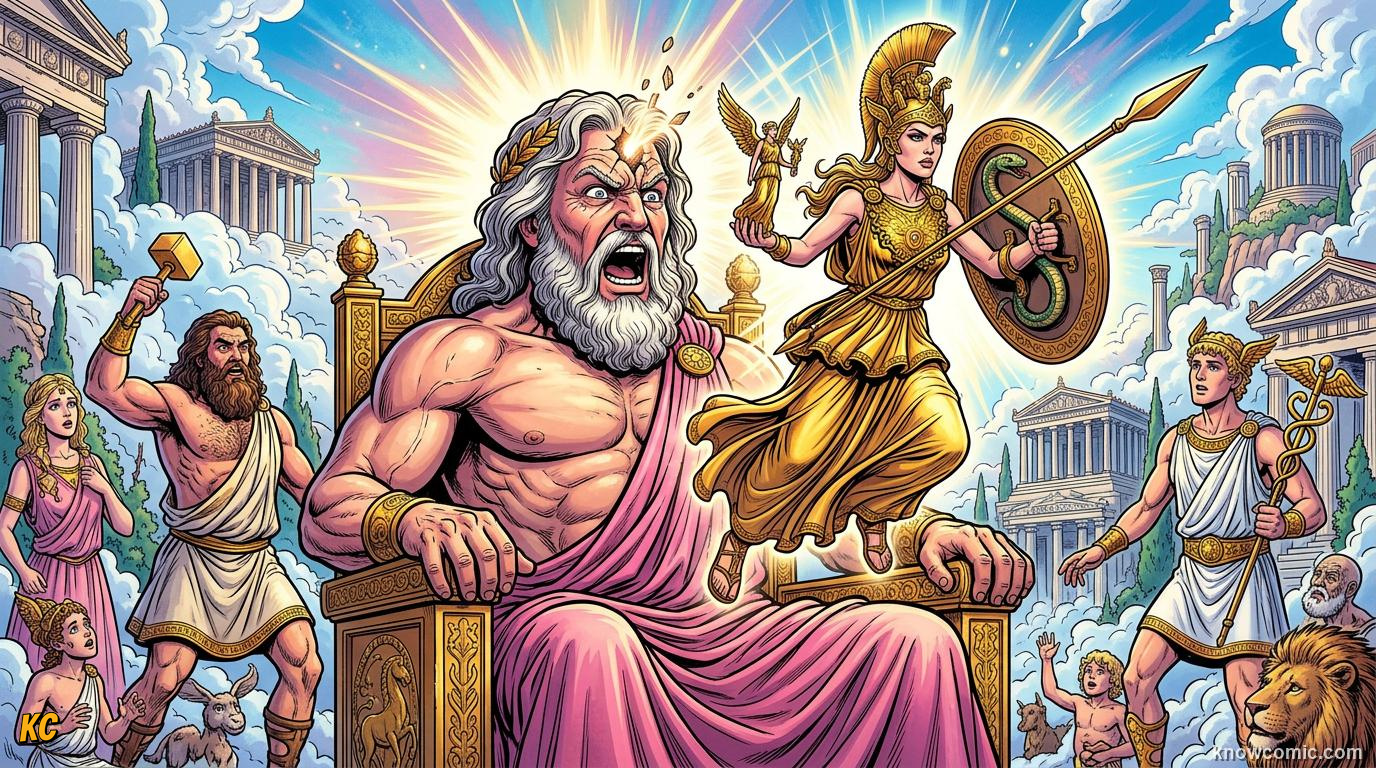 Comic panel about athena: goddess of wisdom: From The King Of Gods, educational kids illustration
