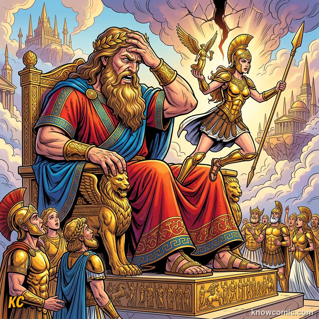 Comic panel about athena: goddess of wisdom: Athena Arrives Ready, Zeus, educational kids illustration