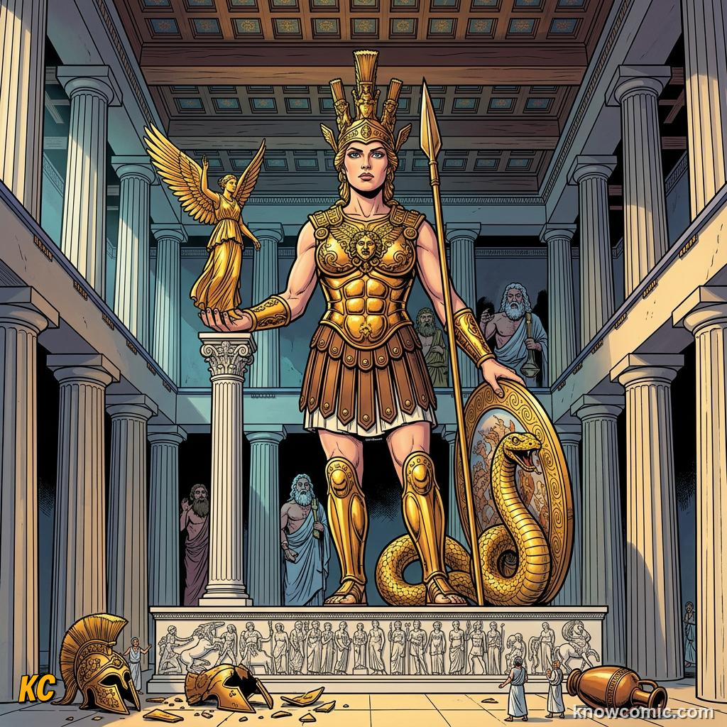 Comic panel about athena: goddess of wisdom: Arrival, educational kids illustration