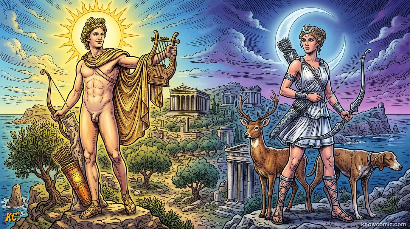 Comic panel about apollo & artemis: the twin gods: A Hard Journey, educational kids illustration