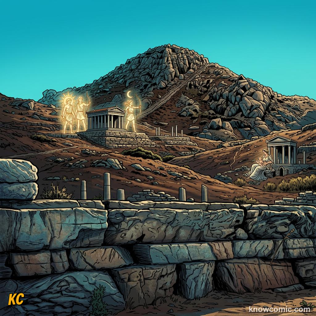 Comic panel about apollo & artemis: the twin gods: Born On Sacred Delos, Leto, educational kids illustration