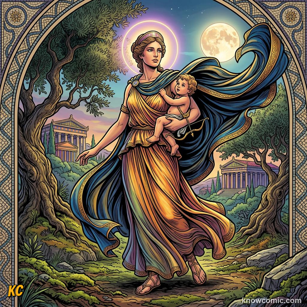 Comic panel about apollo & artemis: the twin gods: Zeus, educational kids illustration