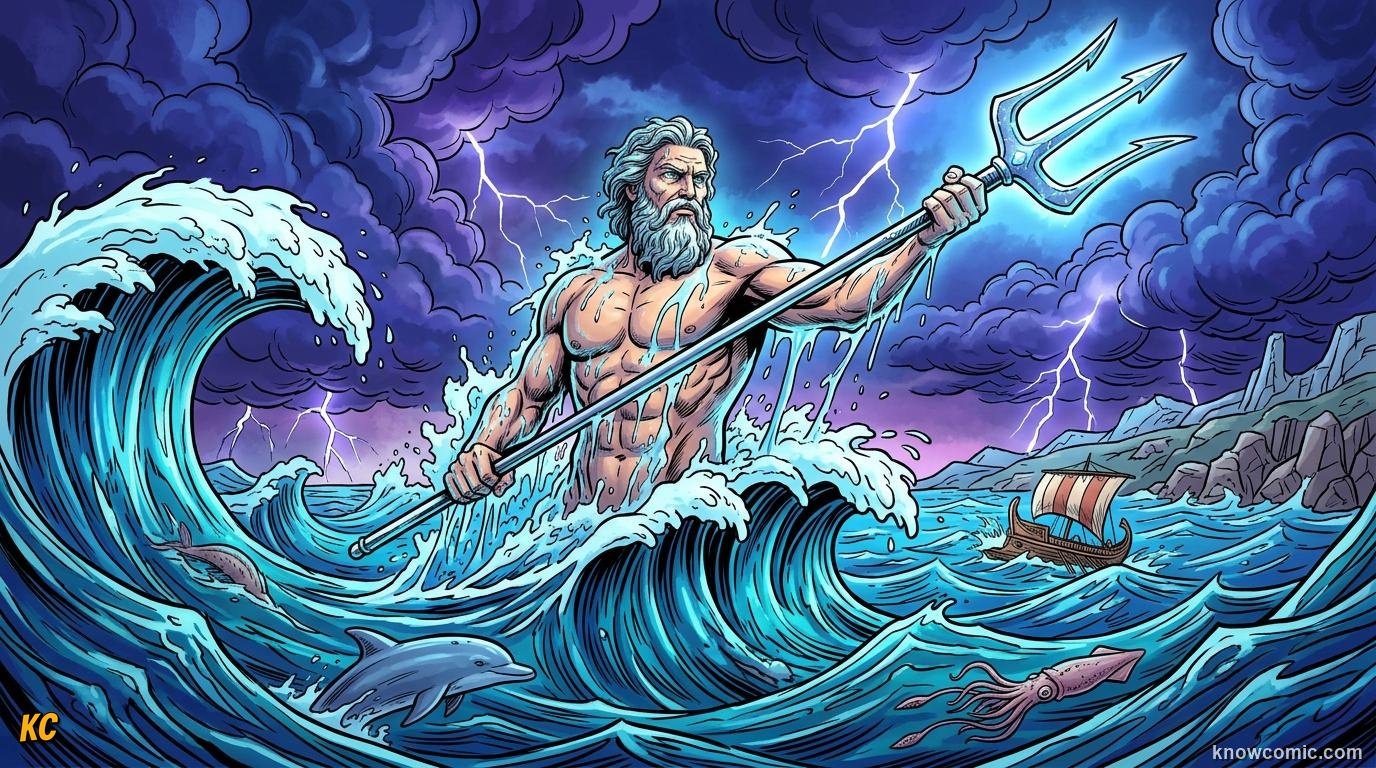 Comic panel about poseidon: lord of the sea: After The Titans, educational kids illustration