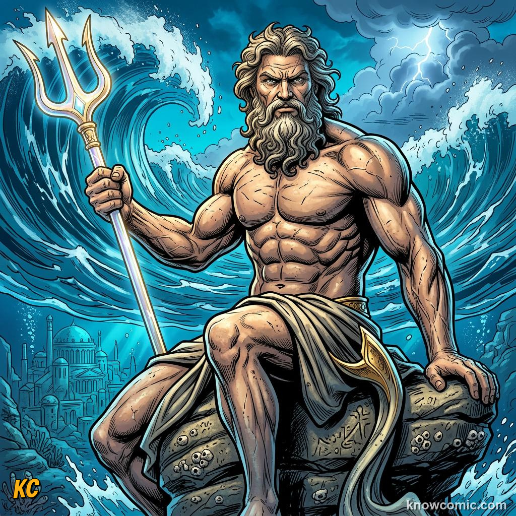 Comic panel about poseidon: lord of the sea: The Sea Becomes His Realm, Brothers, educational kids illustration