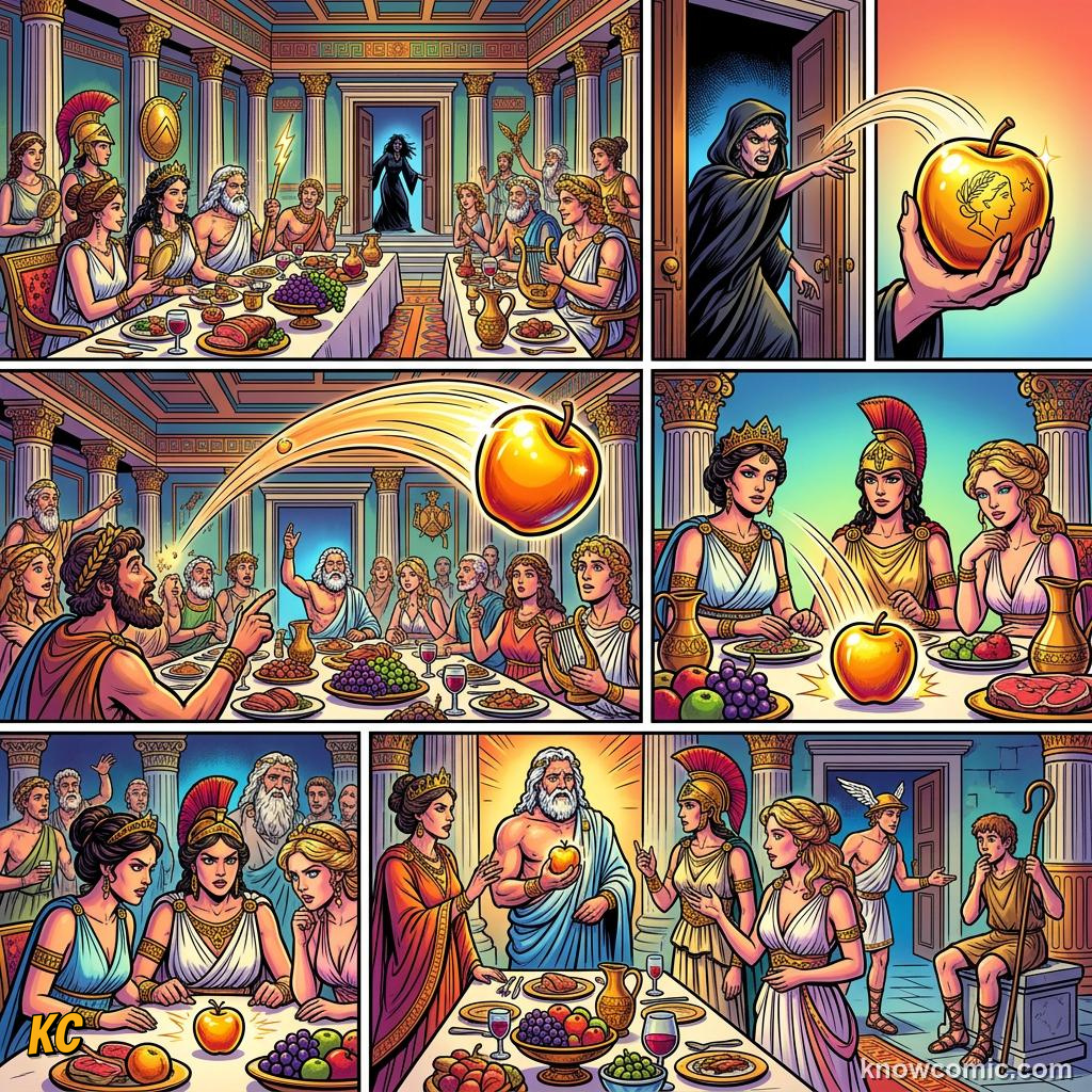 Comic panel about aphrodite & the judgment of paris: Symbols, educational kids illustration