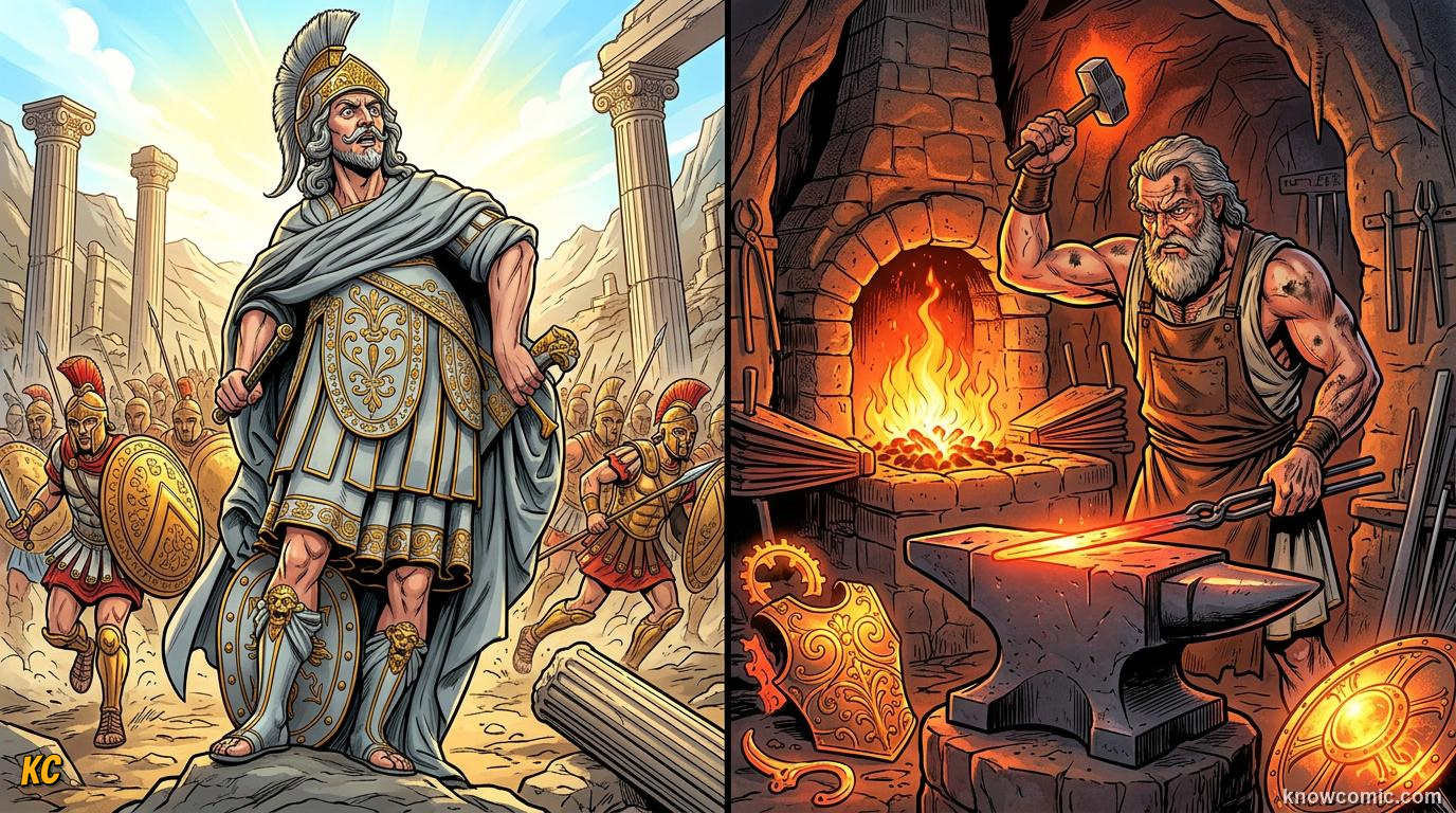 Comic panel about ares & hephaestus: Same Mountain, educational kids illustration