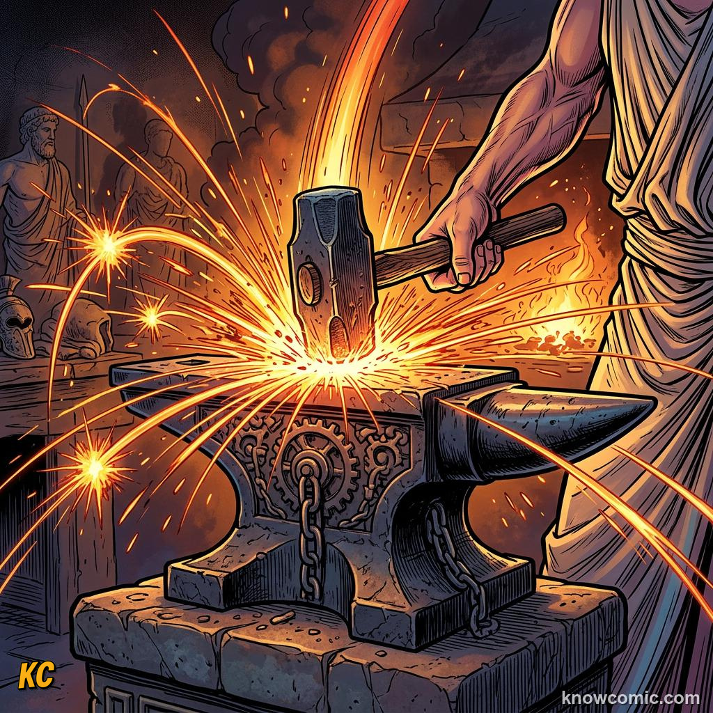Comic panel about ares & hephaestus: Forge, educational kids illustration