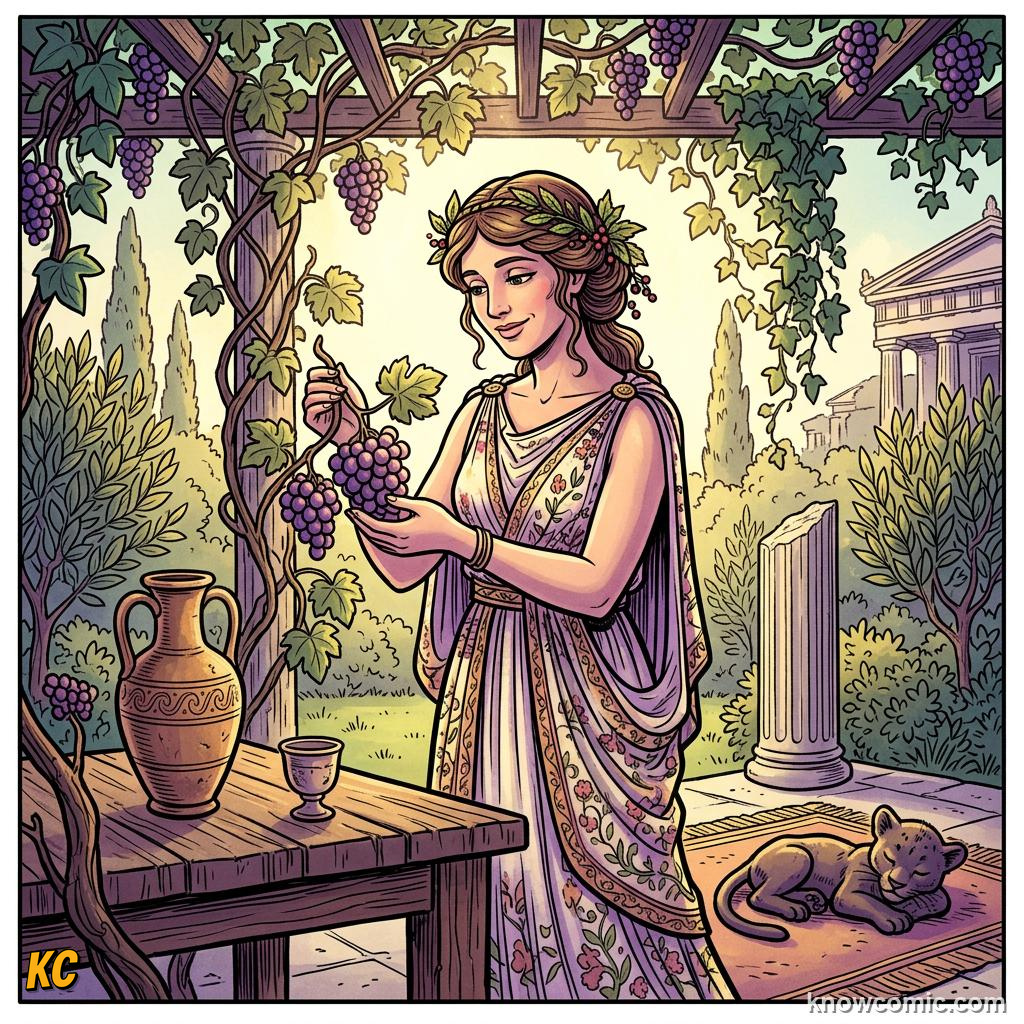 Comic panel about dionysus: god of wine & theatre: Path, educational kids illustration