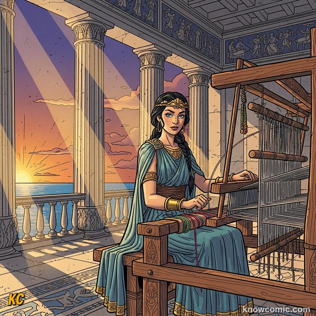 Penelope weaving a shroud at her loom to delay the suitors