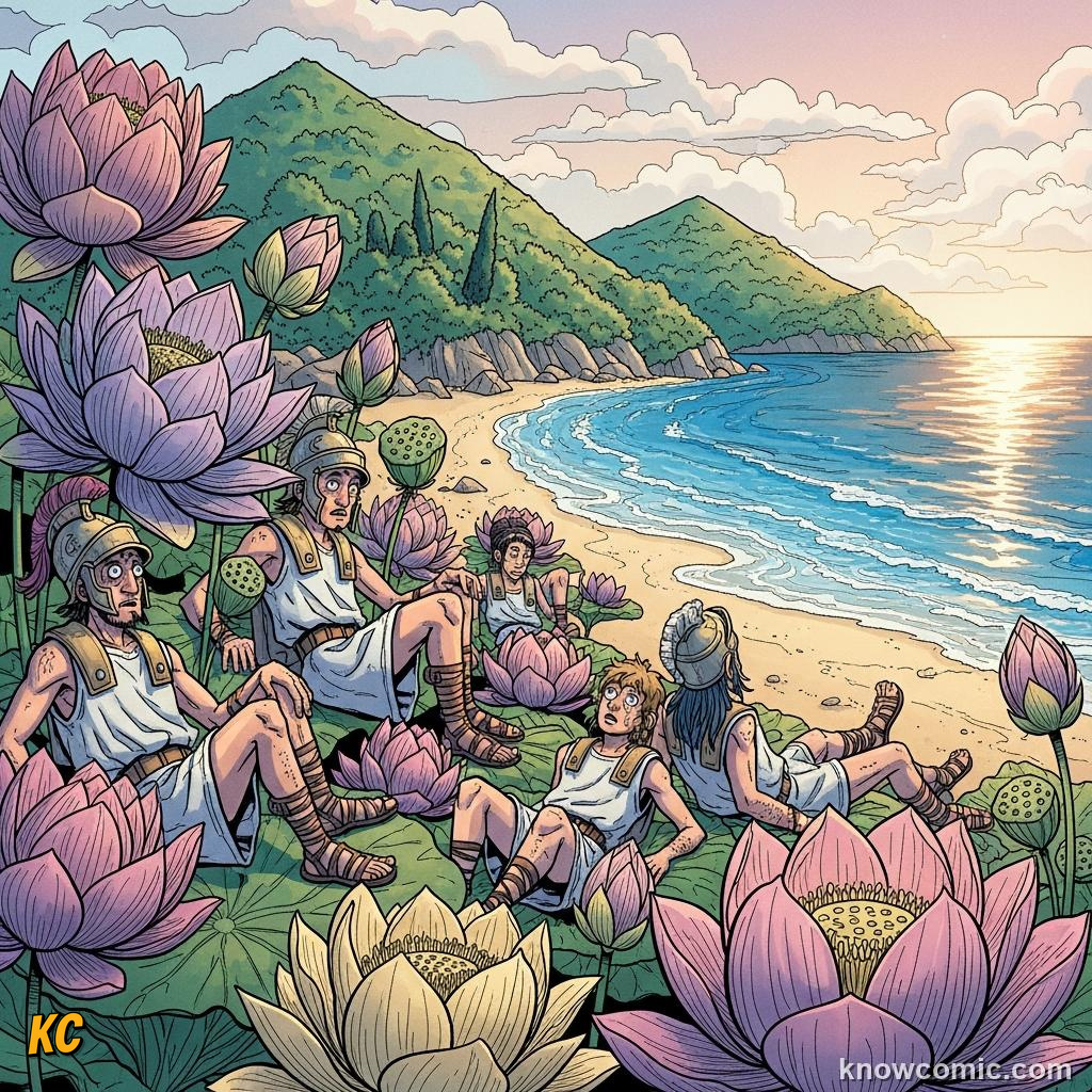 Lotus eaters offering flowers that make sailors forget home