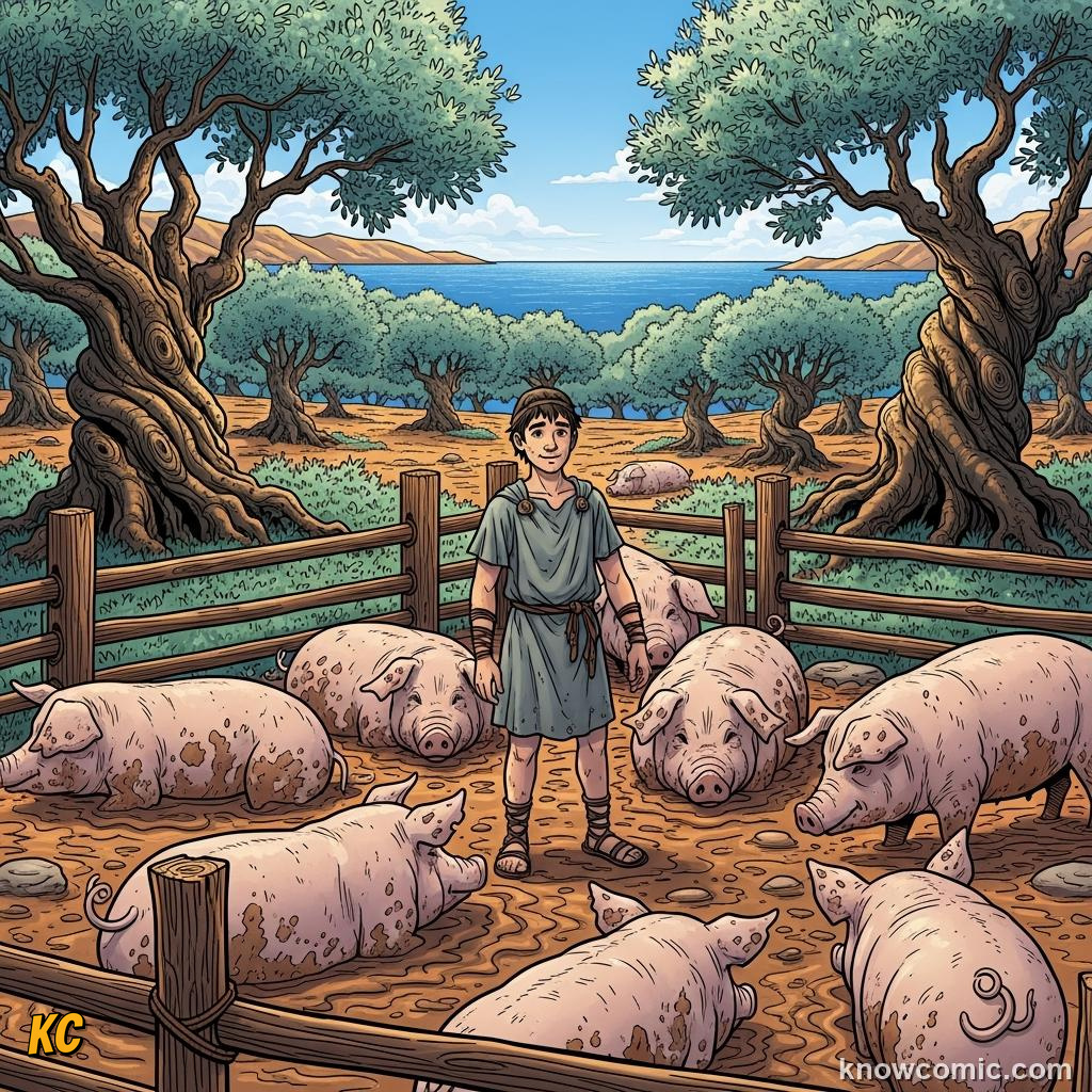 The loyal swineherd Eumaeus welcoming a disguised Odysseus