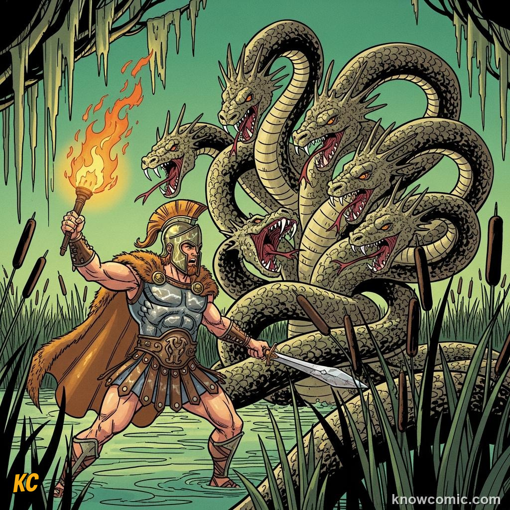 Heracles battling the Hydra in the swamp as heads regrow