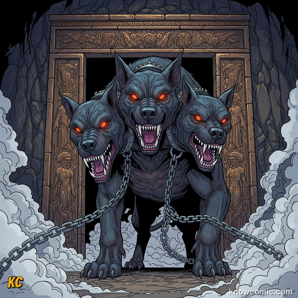 Heracles dragging the three-headed dog Cerberus from the underworld