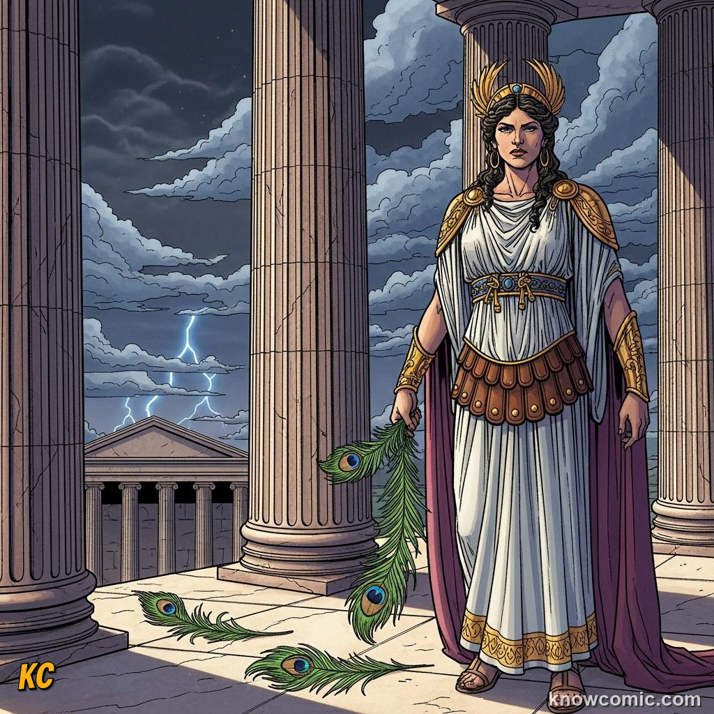 Juno glaring with a peacock beside her as queen of the gods