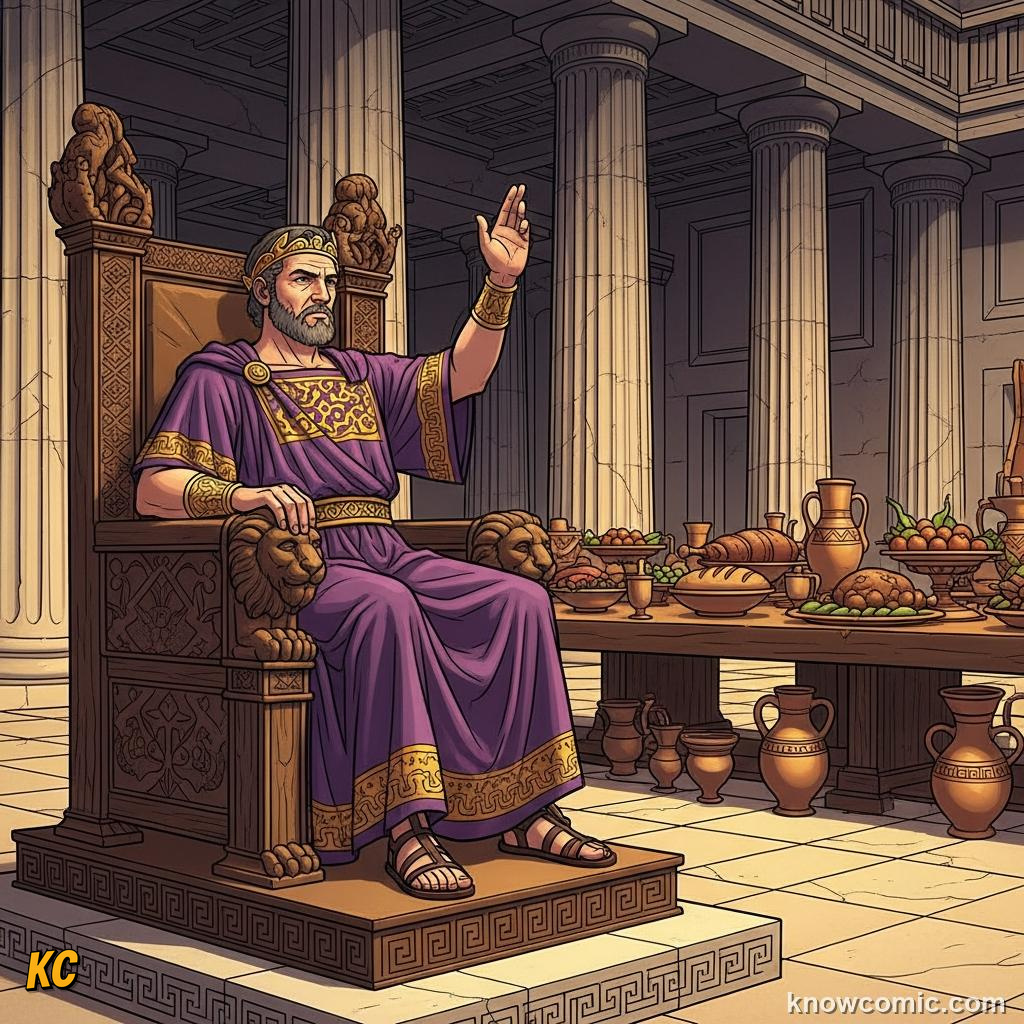 King Polydectes demanding Perseus bring back the head of Medusa