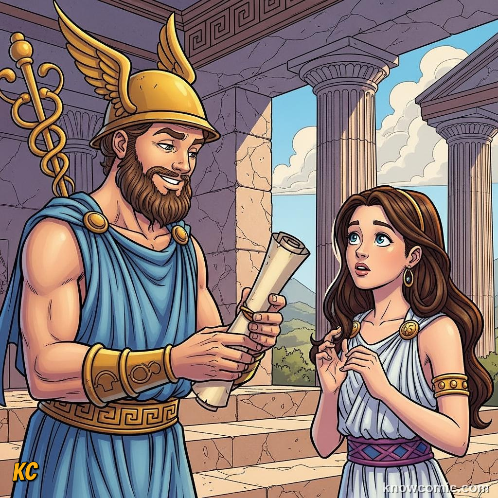 Hermes tucking clever speech and curiosity into Pandoras nature