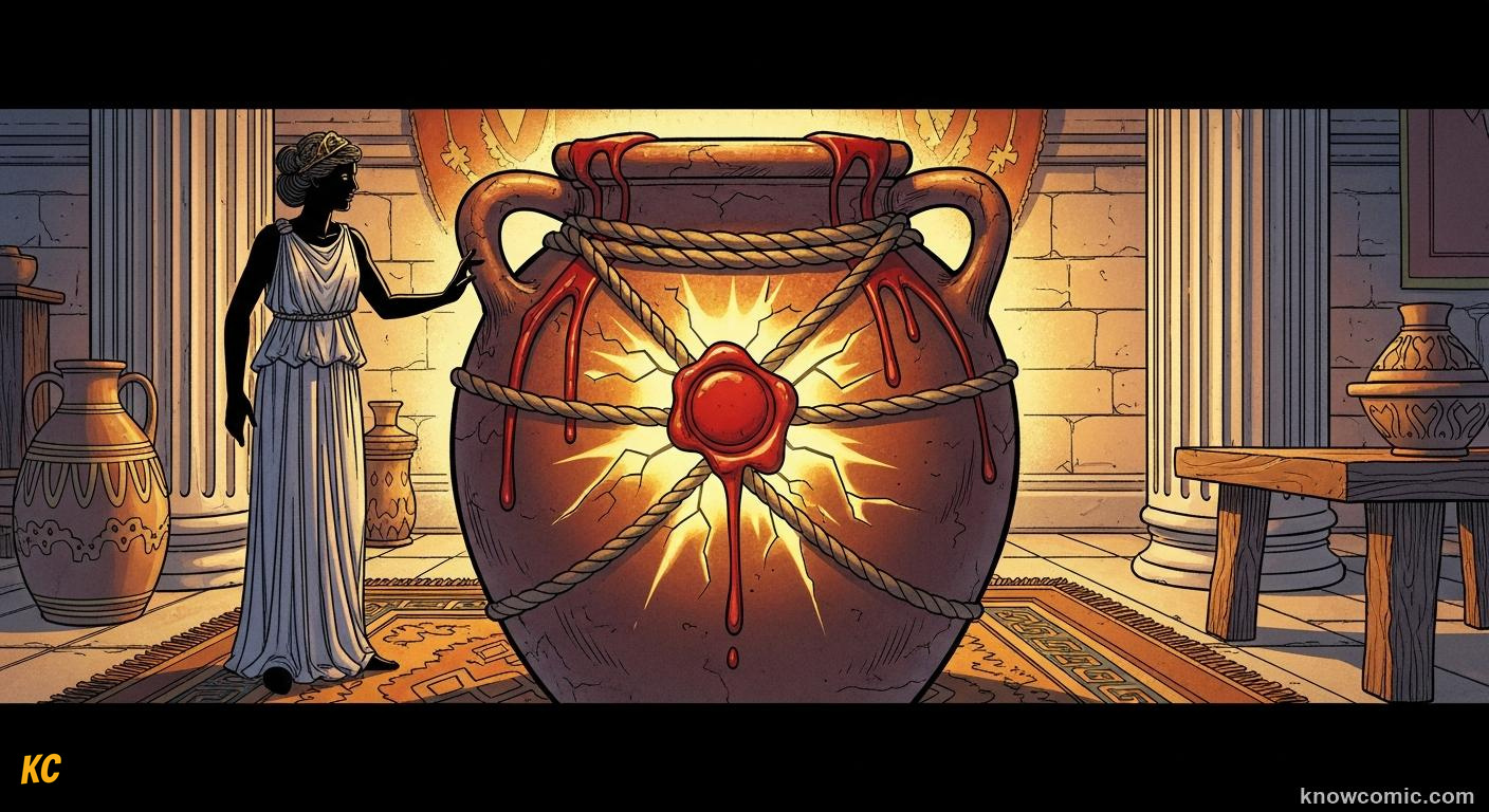 A large sealed pithos jar in a dark room with wax and cord intact