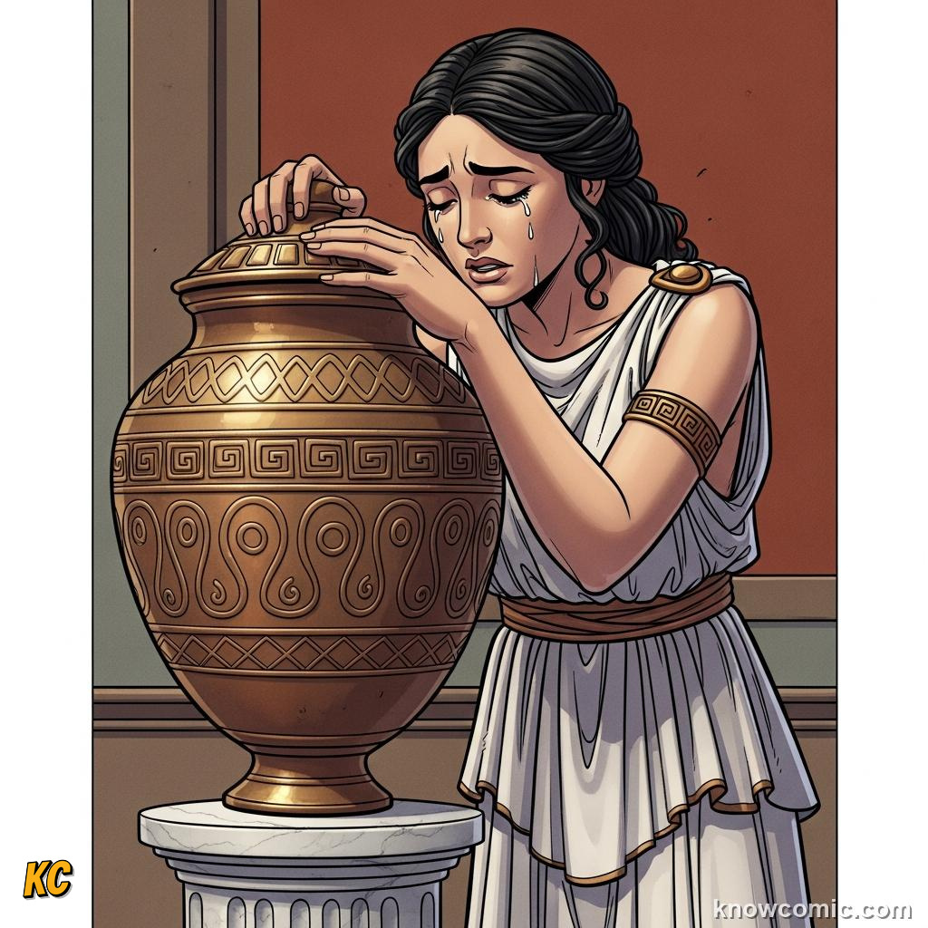 Pandora slamming the jar lid shut with a shocked and sorrowful face