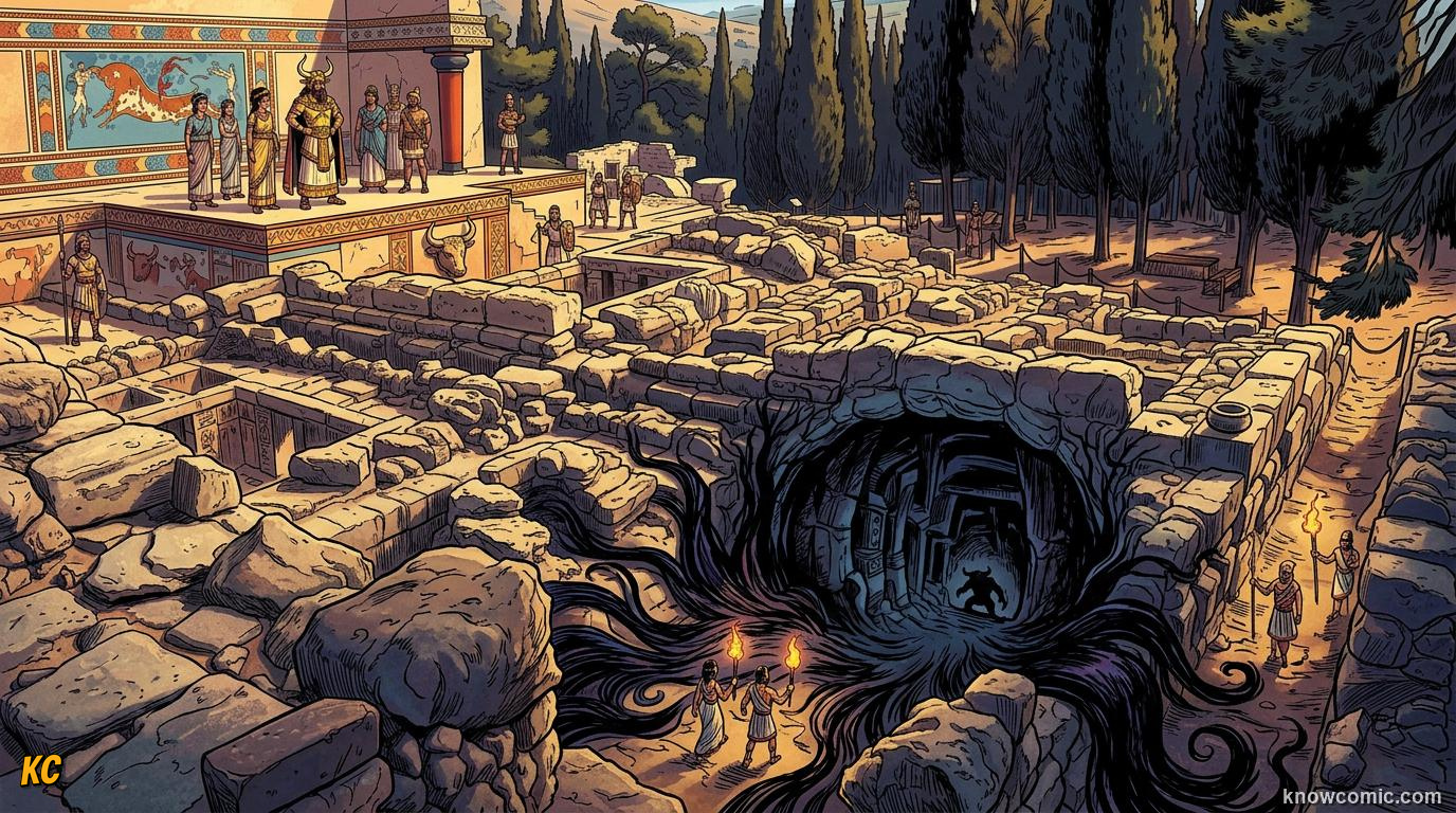 Comic panel about the minotaur & the labyrinth: Palace Secret, educational kids illustration