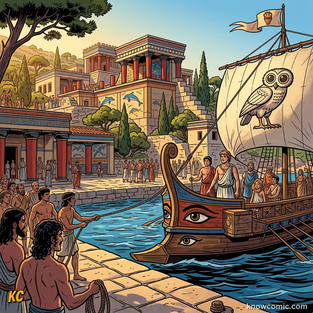 Comic panel about the minotaur & the labyrinth: A Monster In The Dark, Minos, educational kids illustration