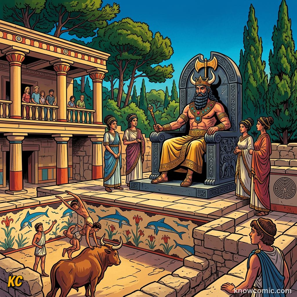 Comic panel about the minotaur & the labyrinth: Curse, educational kids illustration