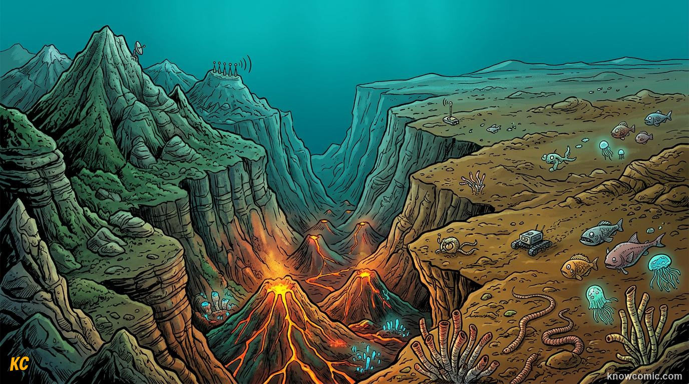 Comic panoramic seafloor with underwater mountains, valleys, volcanoes and flat plains