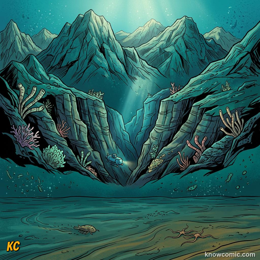 Comic collage of seafloor mountains, a valley cut, and a flat muddy plain