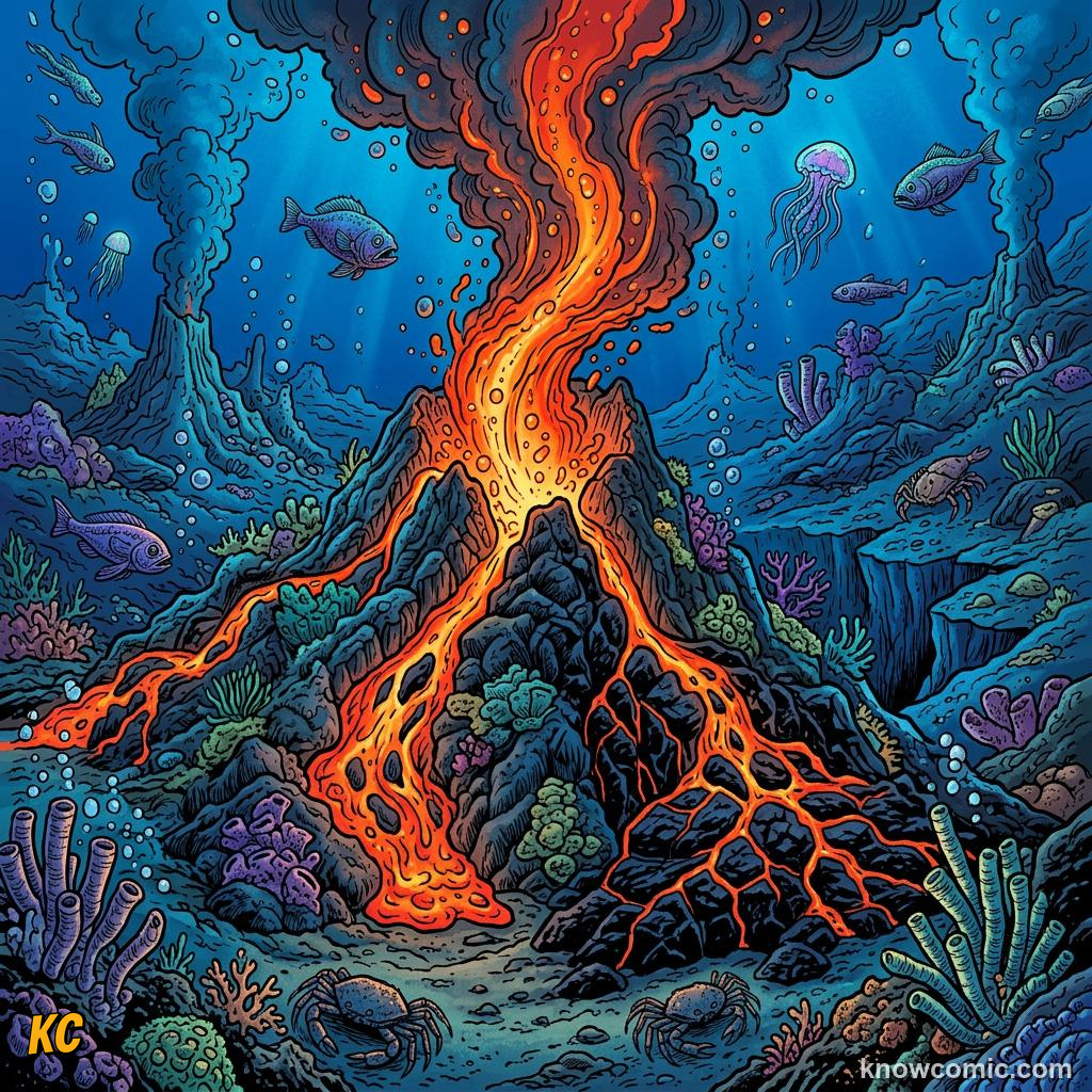 Comic underwater volcano erupting on the seafloor with glowing lava