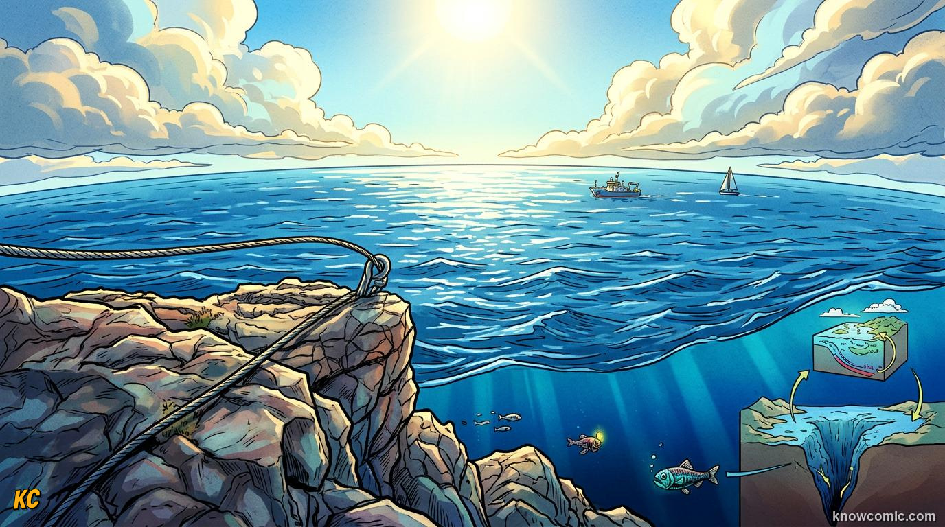 Comic deep blue open ocean under bright sunlight with clear sky