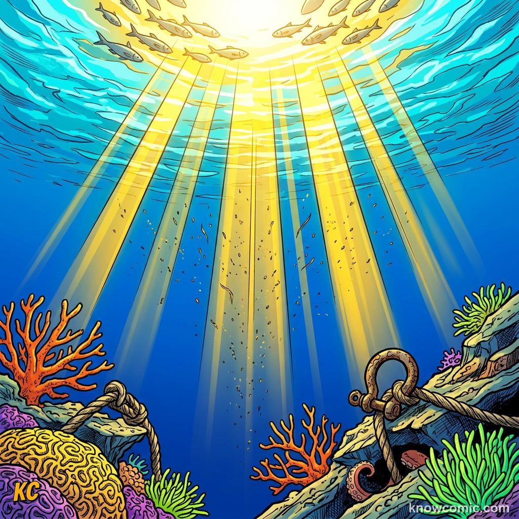 Comic sunbeams streaming into blue seawater from above