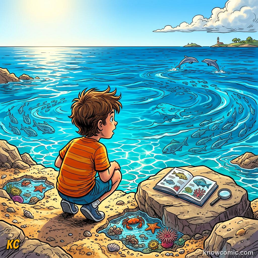 Comic child looking out at a vivid blue ocean horizon