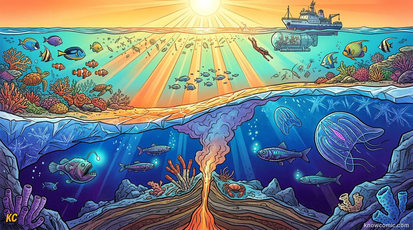Comic ocean cutaway with warm sunny surface and icy cold deep water below
