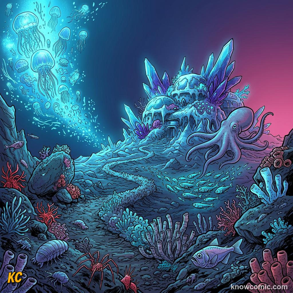 Comic dark cold deep ocean with icy blue water