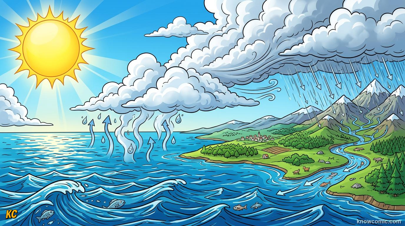 Comic panorama of the ocean as the big engine of Earth's water cycle with sun, vapour, and sea