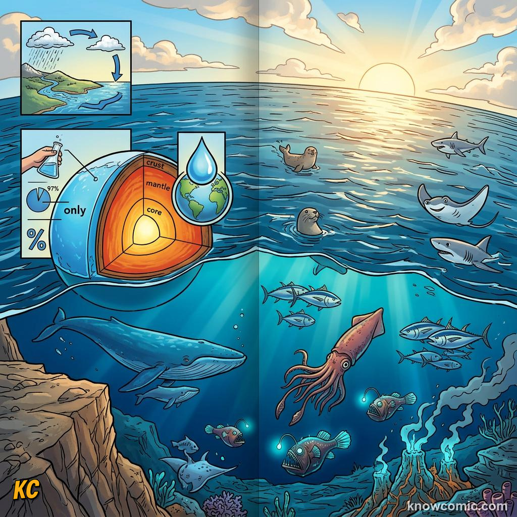 Comic vast blue ocean holding most of Earth's water