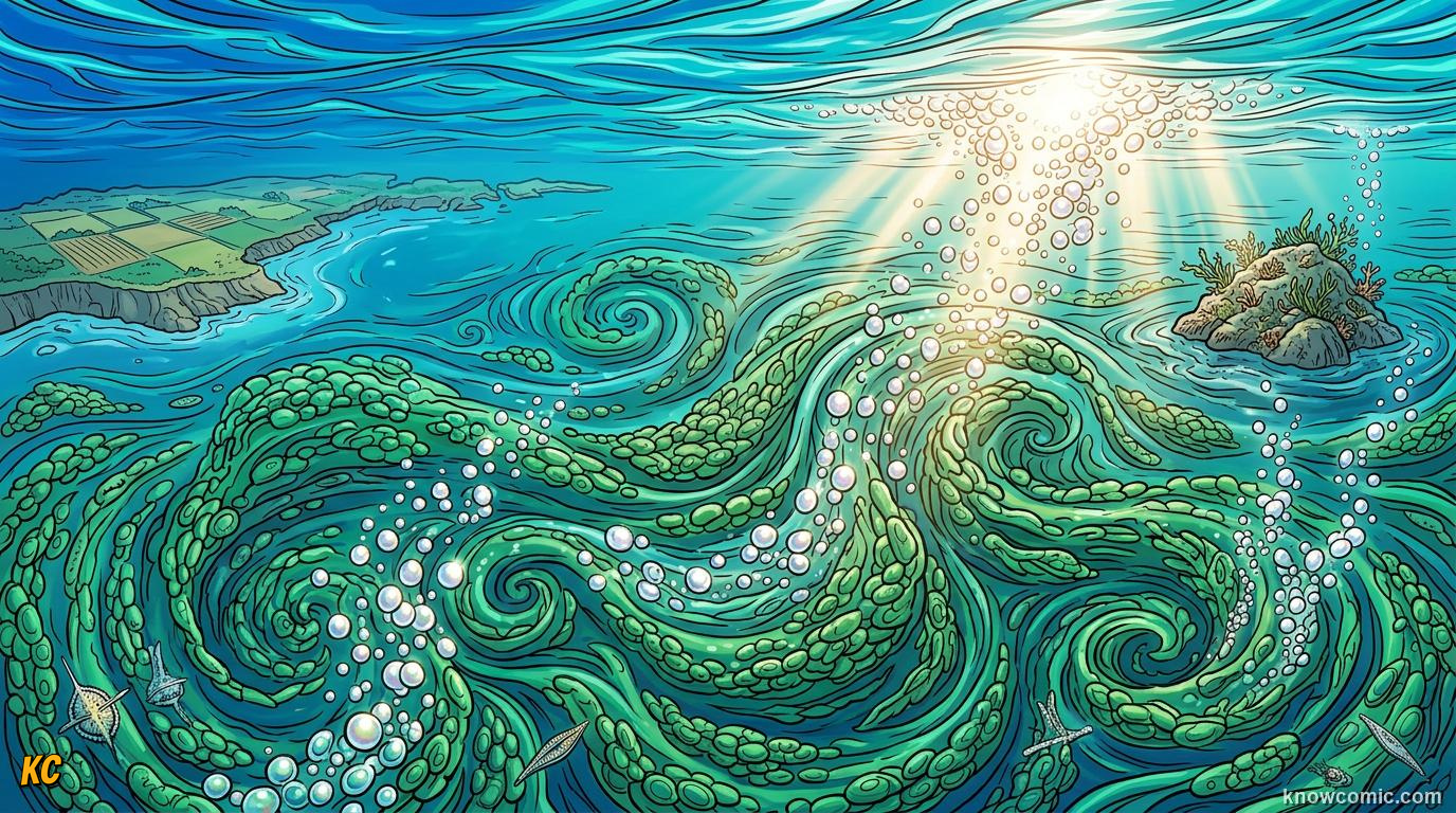 Comic panorama of sunlit ocean surface where tiny plants release oxygen bubbles into blue water