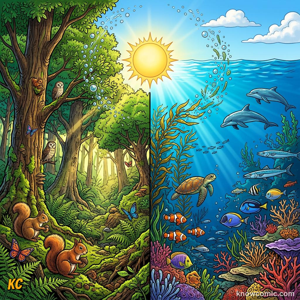 Comic split view of green forests and blue ocean both making oxygen